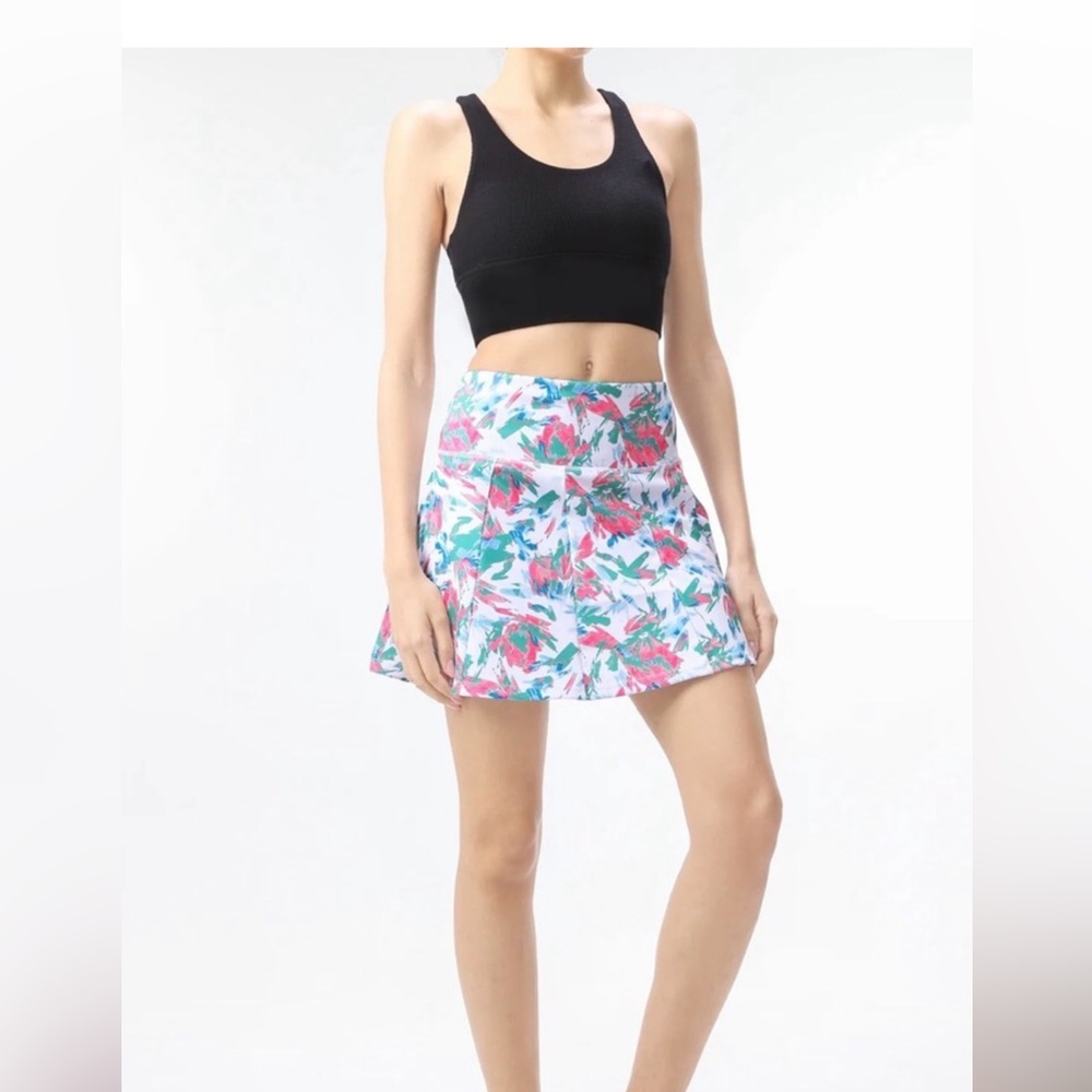 Vogo Athletic white skater skort with pink, green,and blue floral print